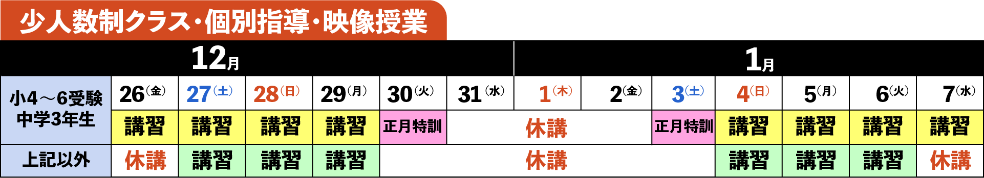 冬期講習スケジュール